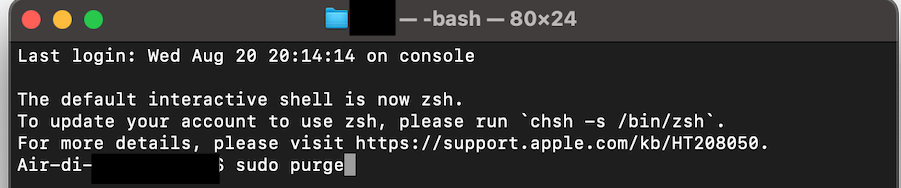 Il Terminale su Mac mostra la riga di comando. Inserisci il comando sudo purge e premi Invio per liberare la RAM del Mac.