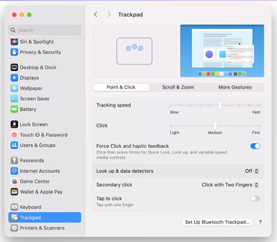 To disable the Dictionary app on your Mac with the shortcut, open the Apple menu, then go to the System Settings, choose Trackpad from the left panel, select Point & Click option, then find and disable  Look up & data detectors feature.