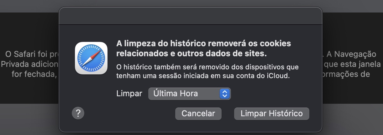 O aviso de limpar histórico dentro do Safari no macOS exibindo uma lista de opções. Selecione Todo o Histórico.