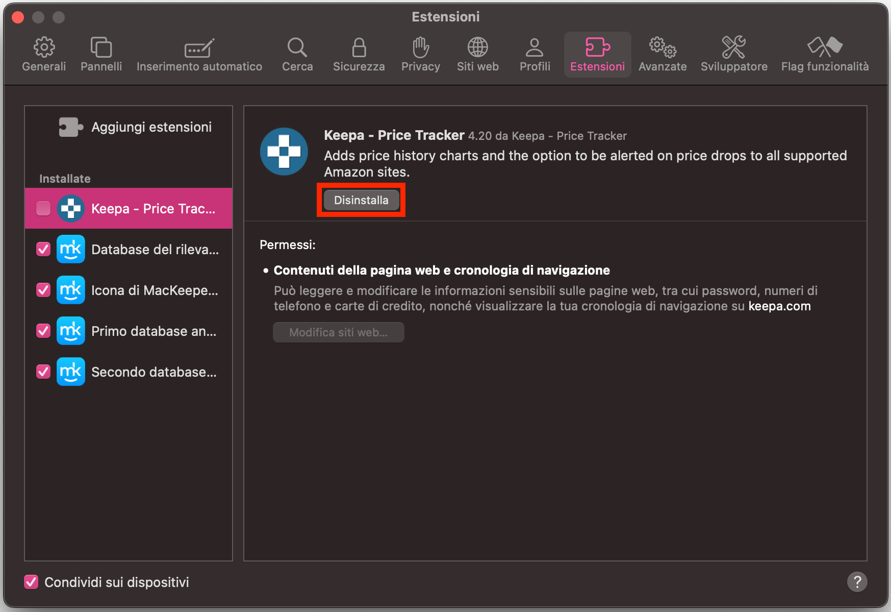 Le impostazioni Estensioni di Safari, con un’estensione aperta e Disinstalla evidenziato. Come rimuovere le estensioni, in una guida su come bloccare i falsi pop-up McAfee su Mac.