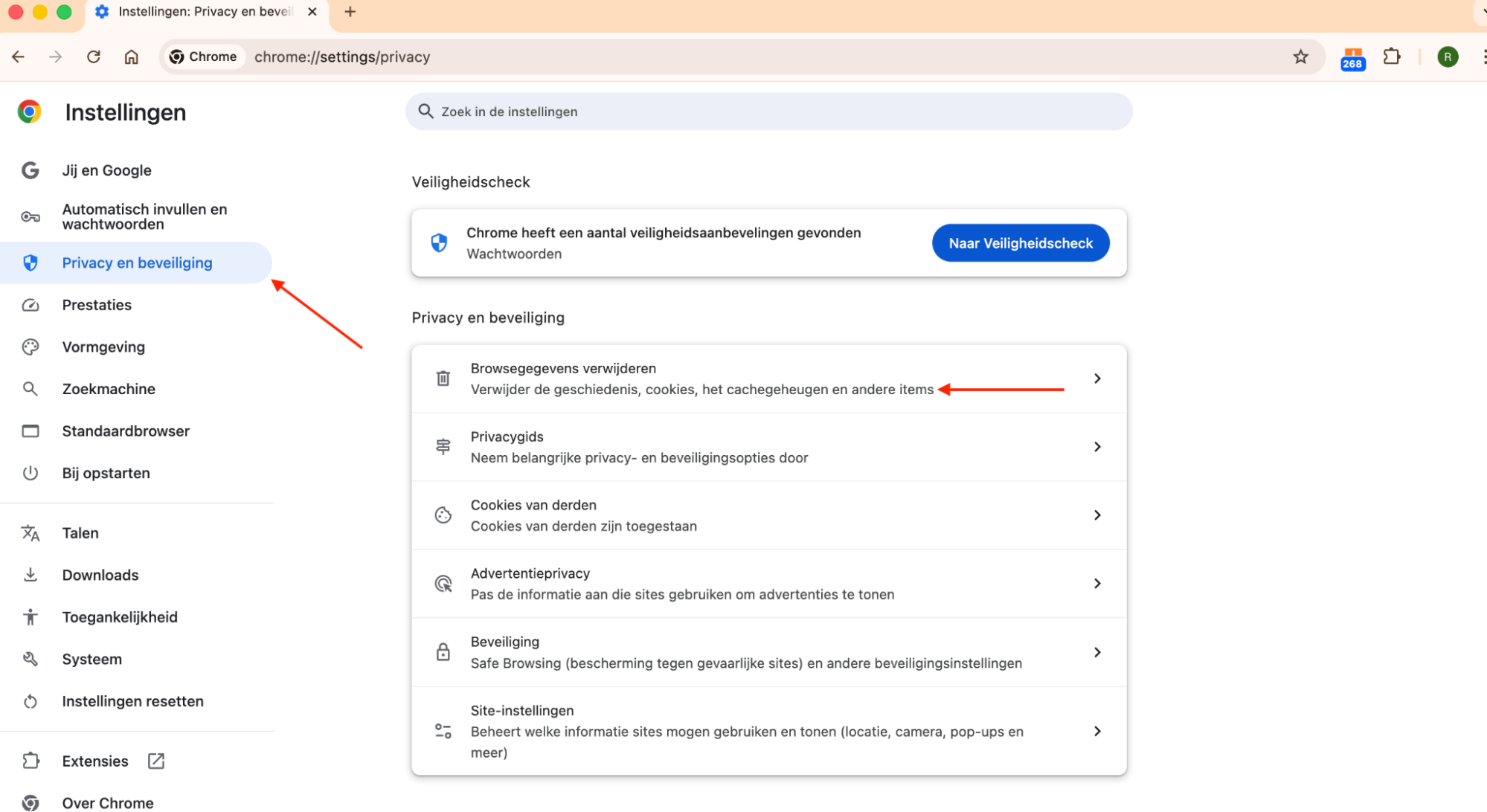Chrome op de Mac toont het menu Instellingen. Klik op ‘Privacy en beveiliging’ en vervolgens op ‘Browsegegevens wissen’ om tijdelijke cachebestanden te verwijderen.