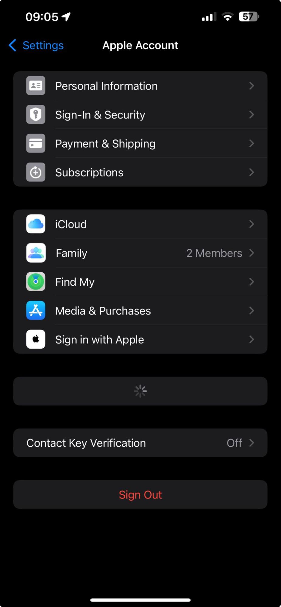 Apple account settings are opened on an iPhone. Sign out of your Apple account and back in again when notes are not syncing between iPhone and Mac.