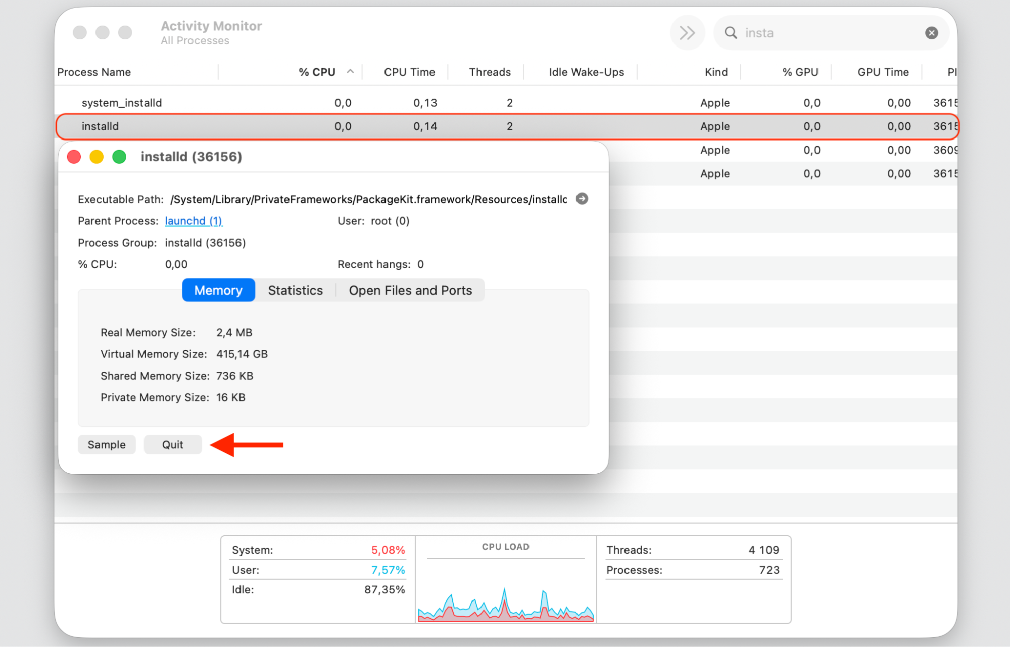 Activity Monitor installd process window on macOS with the Quit option selected to force quit installd on an Apple computer.