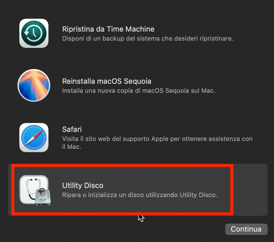 L'opzione Utility Disco è evidenziata nella finestra di ripristino di Apple. Seleziona questa opzione per ripristinare le impostazioni di fabbrica del MacBook.