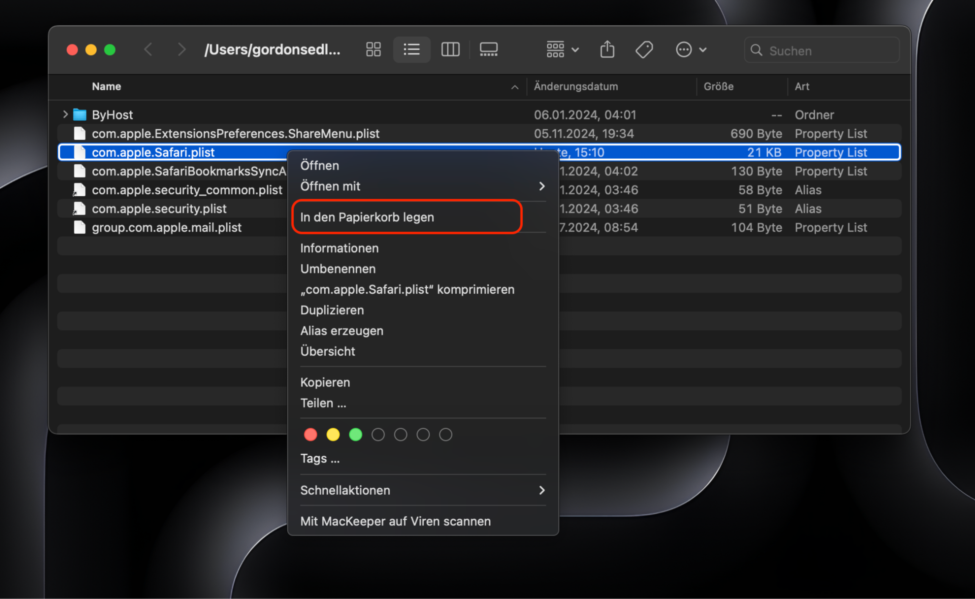 Löschen Sie die Safari-Einstellungen mit dem Finder. Wählen Sie auf der Registerkarte Gehe zu die Option Zu Ordner. Kopieren Sie ~/Library/Containers/com.apple.Safari/Data/Library/Preferences, fügen Sie den Pfad ein und drücken Sie die Eingabetaste. Suchen Sie die Datei com.apple.Safari.plist und löschen Sie sie. Löschen Sie die Safari-Einstellungen mit dem Finder. Wählen Sie auf der Registerkarte Gehe zu die Option Zu Ordner. Kopieren Sie ~/Library/Containers/com.apple.Safari/Data/Library/Preferences, fügen Sie den Pfad ein und drücken Sie die Eingabetaste. Suchen Sie die Datei com.apple.Safari.plist und löschen Sie sie.
