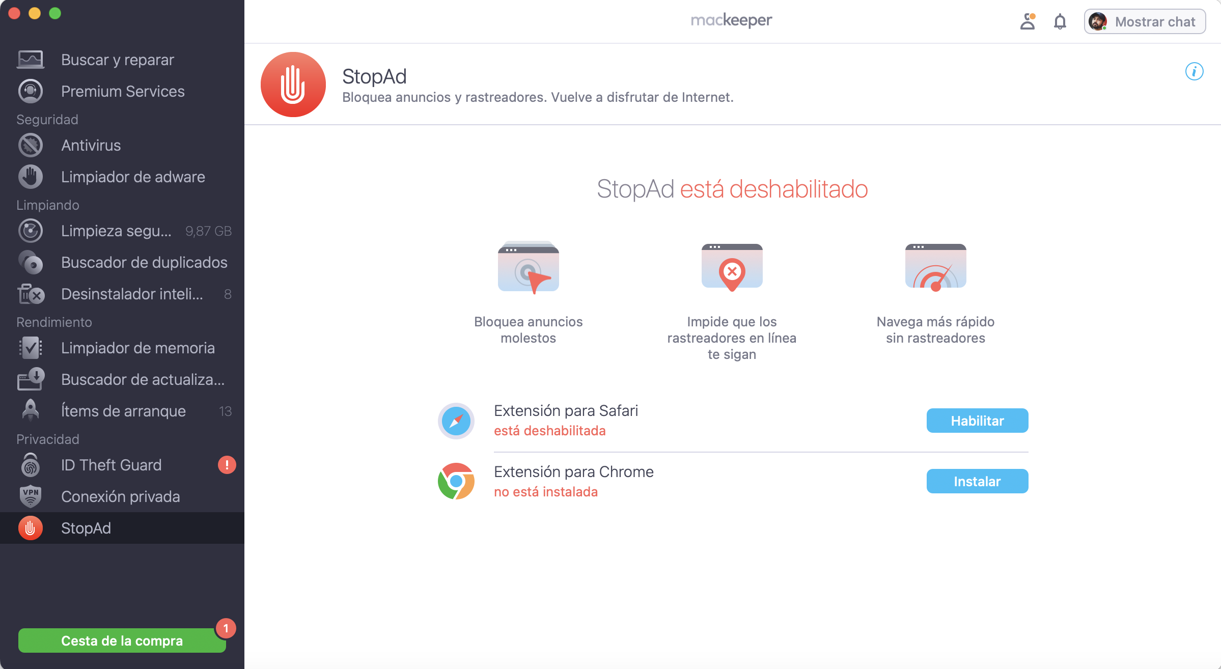 Para instalar la extensión StopAd de MacKeeper, abre la aplicación y selecciona la función StopAd. A continuación, donde dice extensión de Chrome, haz clic en el botón azul de instalación.