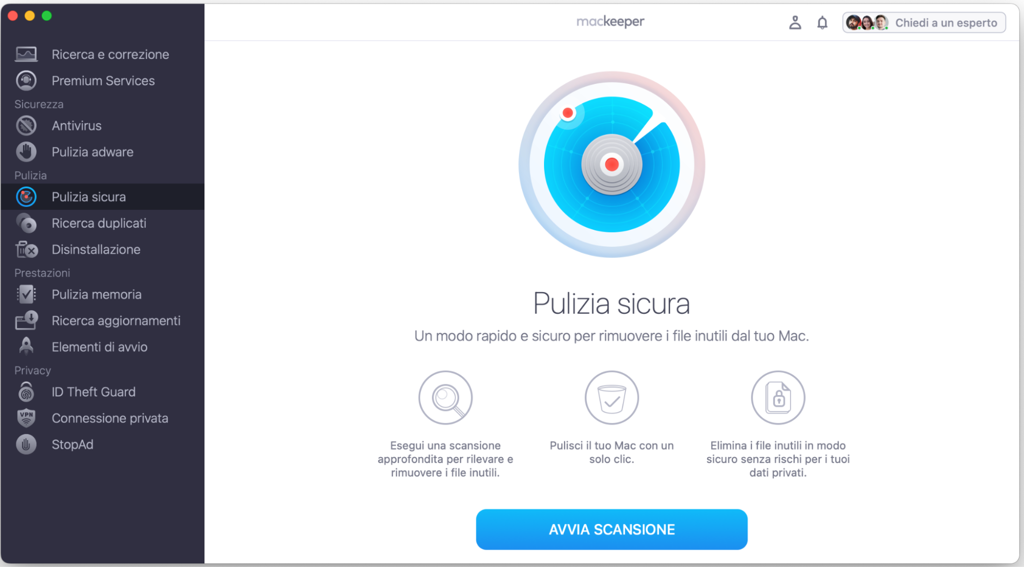 Per eliminare i file spazzatura dal Mac, apri MacKeeper, seleziona Pulizia Sicura e fai clic su Avvia scansione.