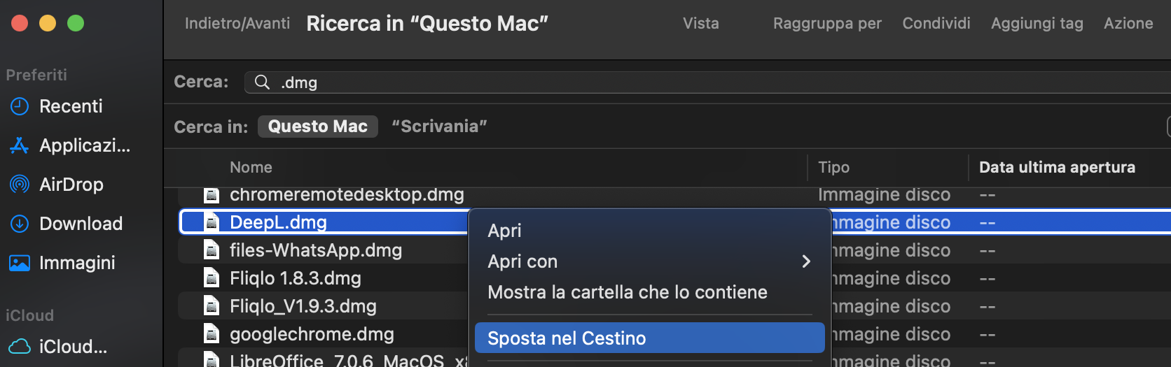 Una volta trovate le immagini disco e i file di archivio di cui volete sbarazzarvi, non vi resta che cliccare con il tasto destro del mouse e selezionare 