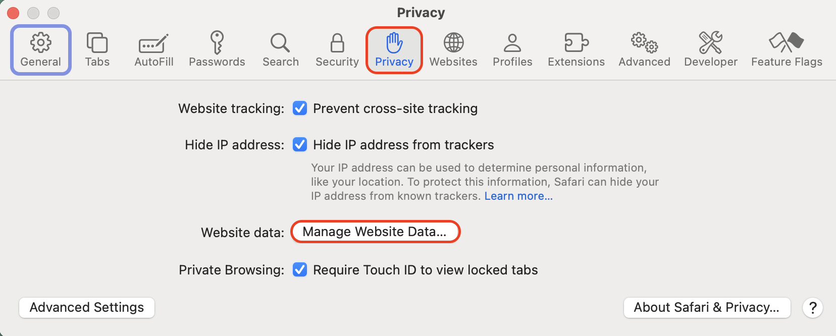 Go to Privacy → Manage Website Data in Safari Settings to view and manage stored cookies, cache, and other website data saved on your Mac.