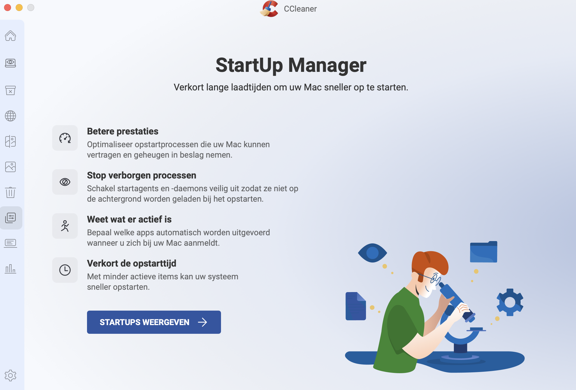 Beheer je macOS opstartitems in CCleaner via Tools > Beheer Opstart-items. Hier kun je bepalen welke programma’s automatisch worden in- of uitgeschakeld wanneer je computer opstart.