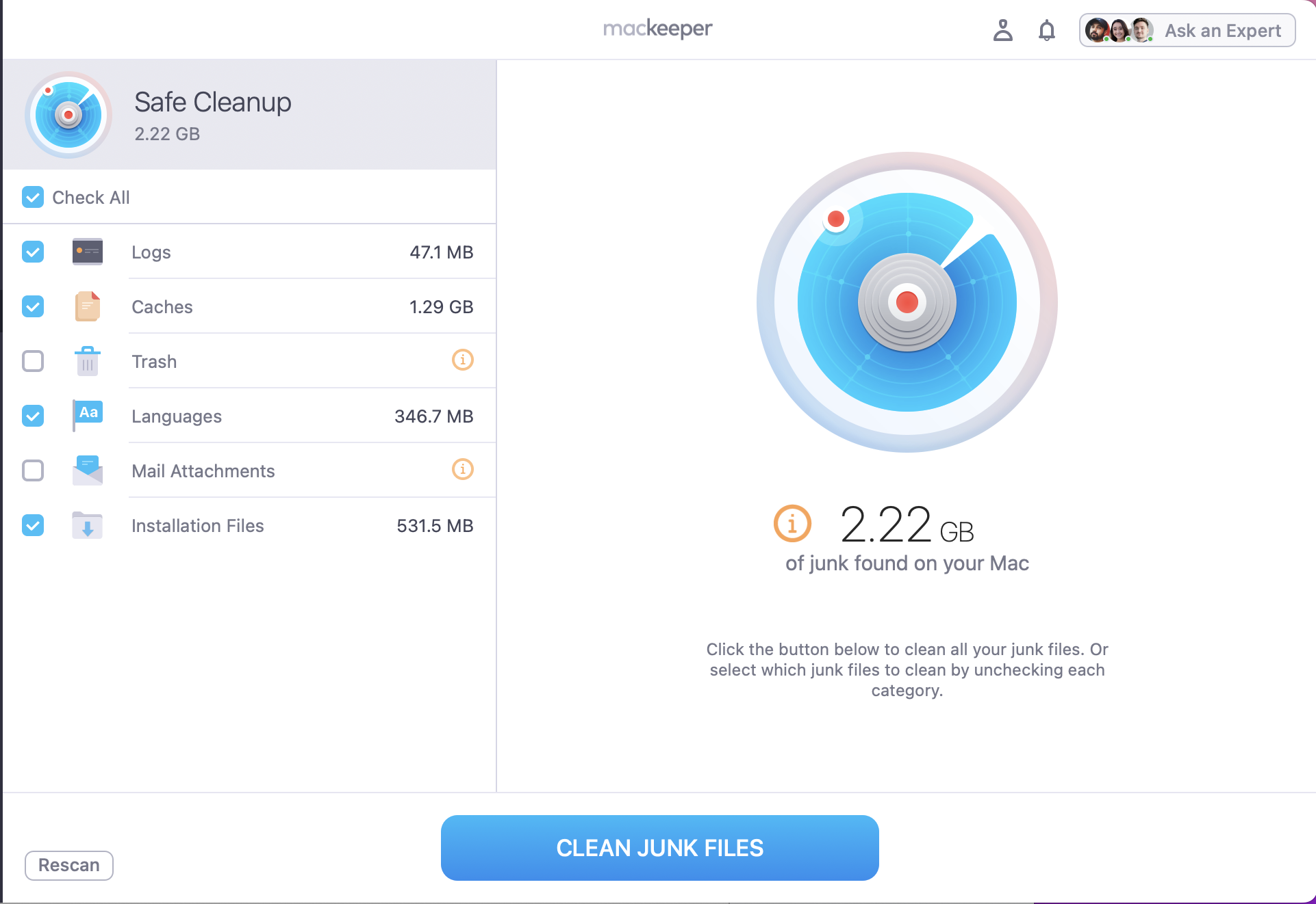 If any clutter has been found, it’ll be listed in a table like this. You can easily look through and choose what you want to remove. Once you’re ready click on Clean Junk Files and Remove to free up space and improve Mac stability.