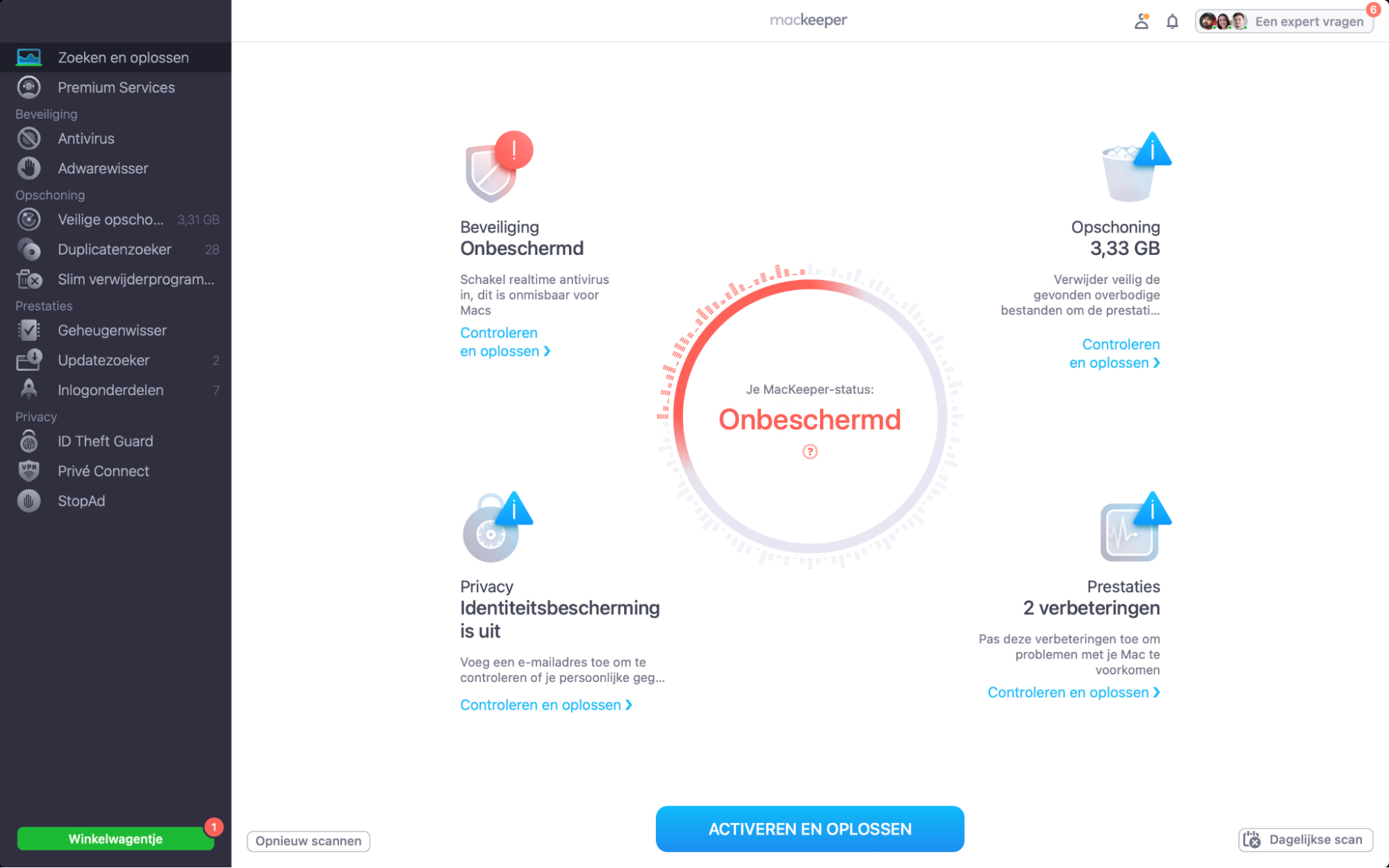 Zoeken en Oplossen van MacKeeper heeft het scannen voltooid. Bekijk de aanbevolen verbeteringen en klik op Items veilig oplossen