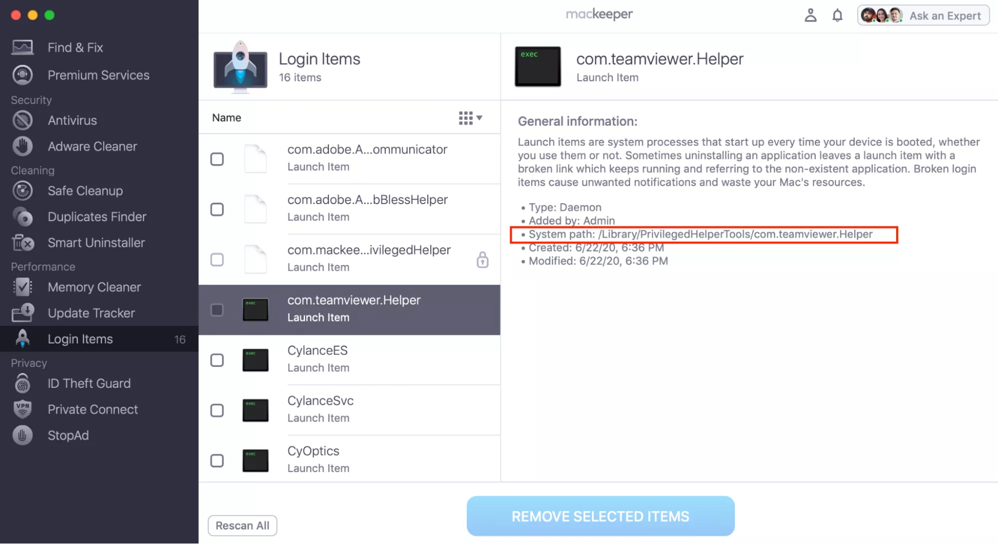 Open the MacKeeper app on your Mac, select Login Items from the left sidebar, and click Start Scan to see every app that launches at startup.