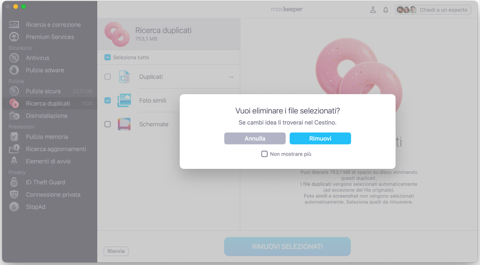 Dopo aver selezionato i file e le cartella che vuoi eliminare in MacKeeper, potrai confermare la scelta tramite una finestra pop-up. Quando appare, fai clic su Rimuovi.