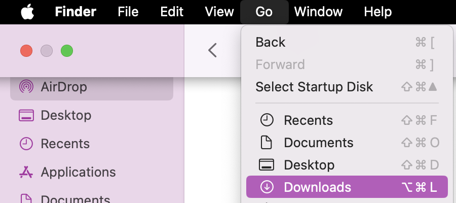 A quick way to find your Downloads Folder if you can’t see it listed in your Locations list is to open a full Finder Window and click on Go. This will bring up every folder and location on your Mac. From there, you can scroll to Downloads and click on it to open the folder.