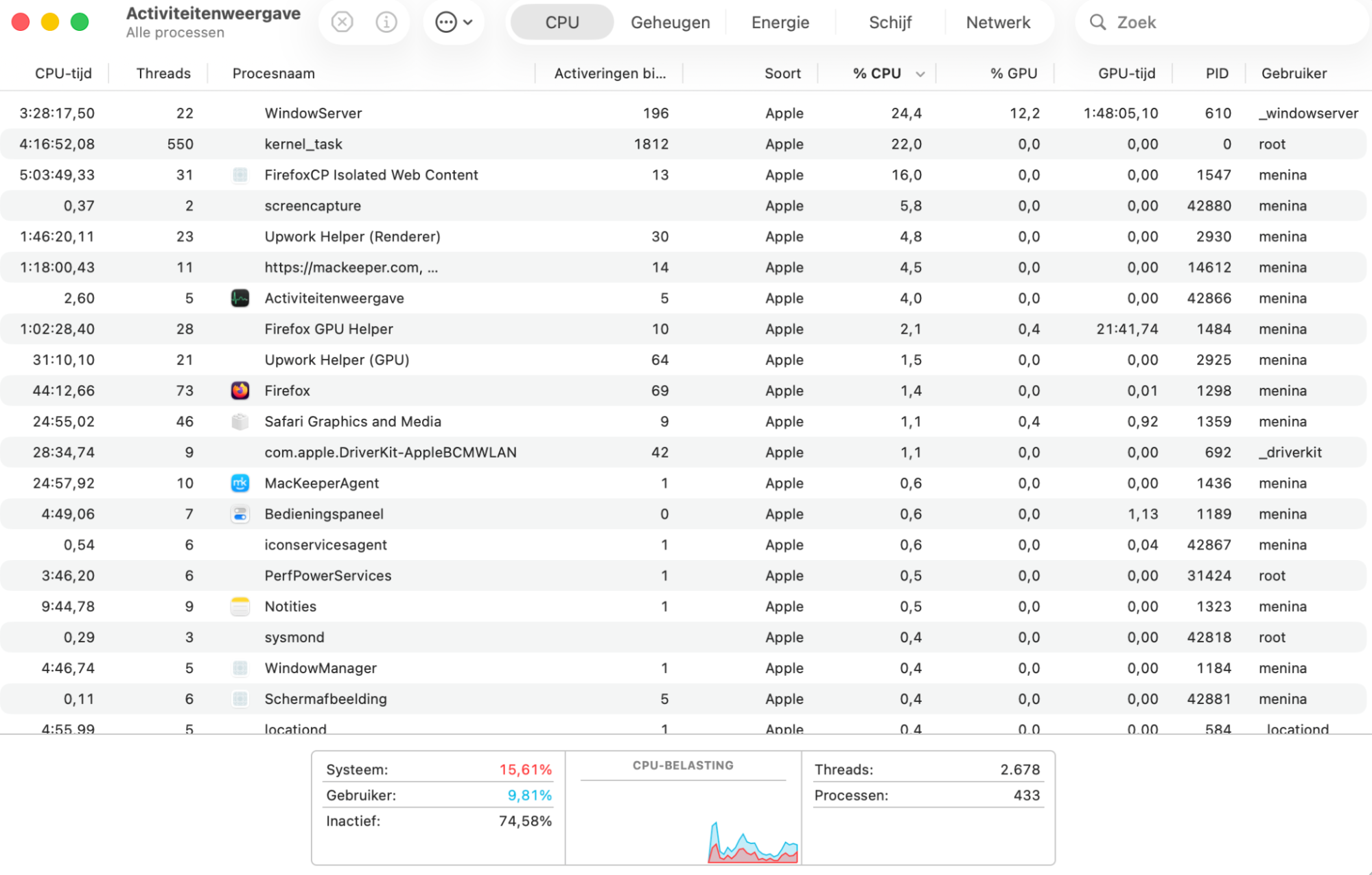 Klik in de Activiteitenweergave-tool op 'CPU' bovenaan het venster om het CPU-monitoringgebied te openen. Sorteer op CPU-gebruik om apps te vinden die u kunt sluiten.
