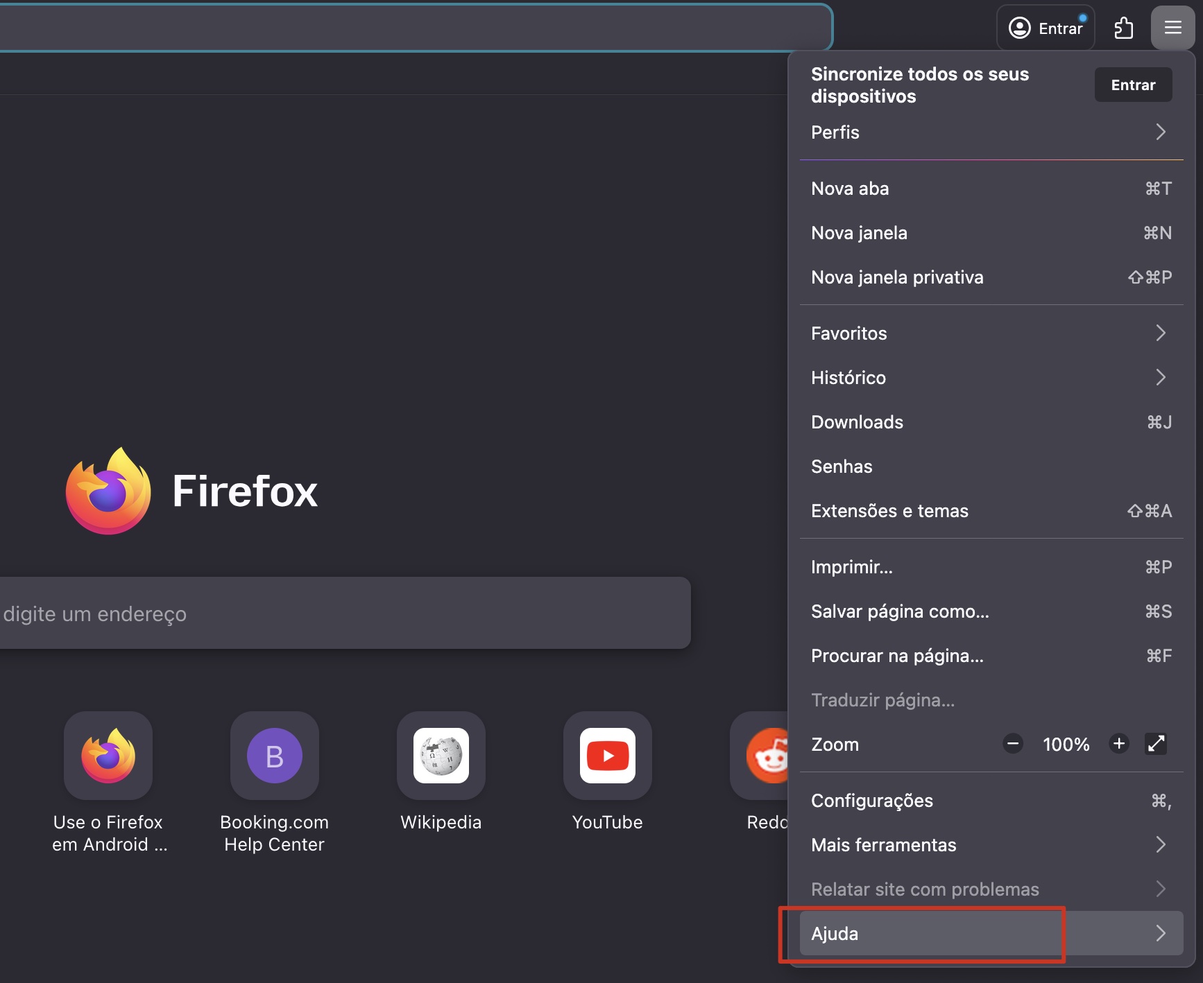 Para redefinir o Firefox para as configurações padrão no seu computador, encontre o menu de três listras e escolha Ajuda no menu suspenso.