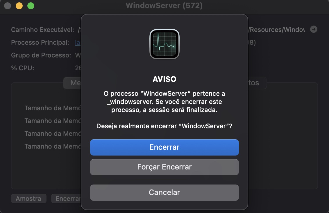 Agora você pode escolher entre encerrar ou forçar o encerramento do WindowServer. Faça sua escolha, e o processo WindowServer será encerrado.