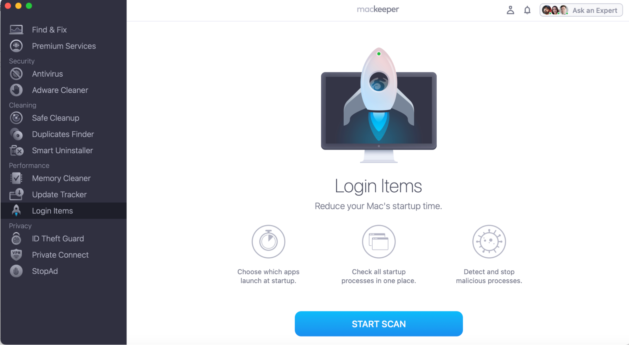 To remove unwanted apps from startup, open the MacKeeper app and click on Login Items. Then press Start Scan.