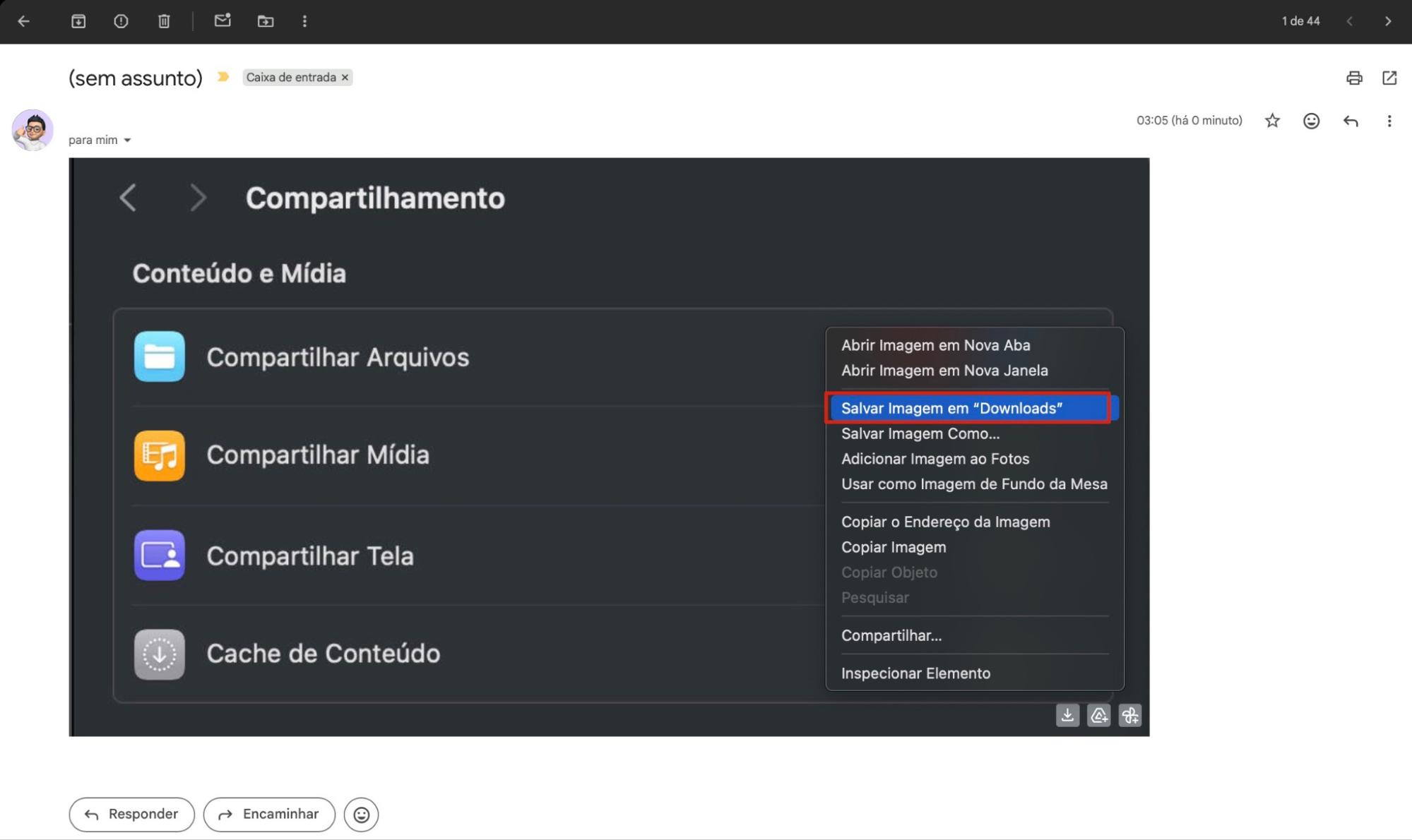 O app Mail no Mac mostrando um novo e-mail com um arquivo anexado. Para transferir dados de um Mac para outro por e-mail, clique com o botão direito no arquivo e selecione Salvar Imagem em 