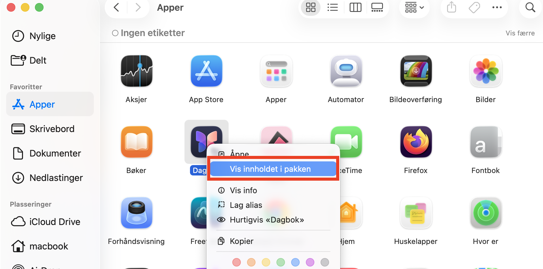 En hurtigmeny inne i mappen Programmer på Mac etter at du har høyreklikket på et programikon. Du kan fjerne ubrukte språkfiler fra mappen Resources etter at du har valgt Vis innholdet i pakken.