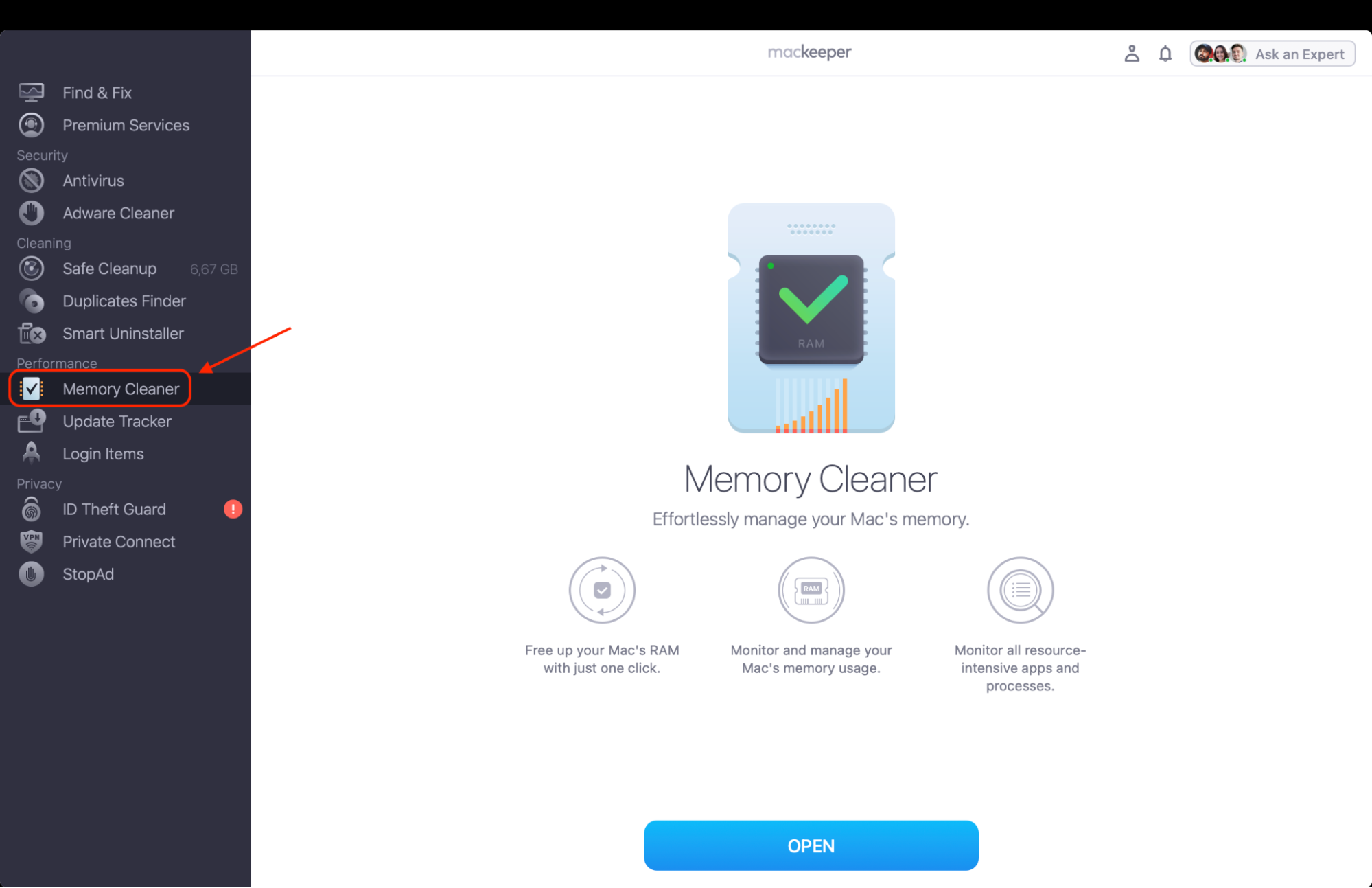 Open MacKeeper and select Memory Cleaner from the left-side menu bar to view active processes and manage your Mac's memory usage efficiently.