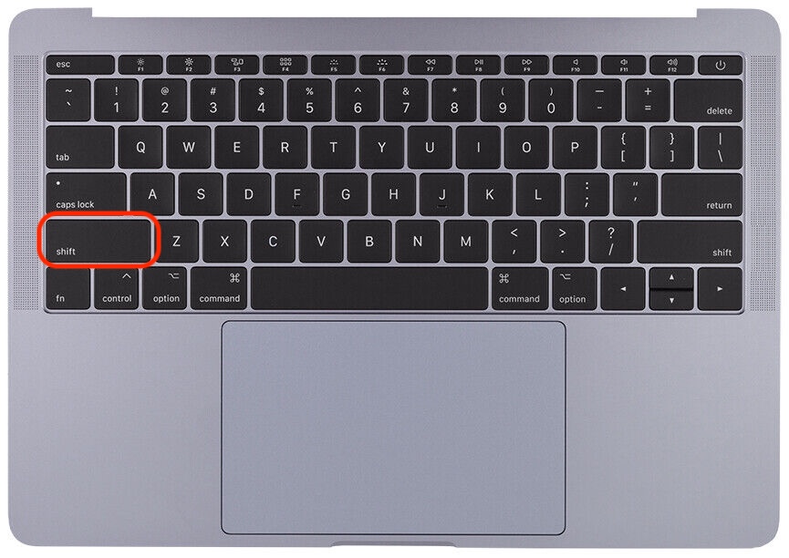 Turn your Mac back on, and as soon as you hear the startup sound or see the logo, press and hold the Shift key to start safe mode.