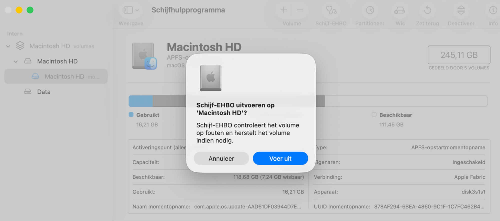 Wanneer het pop-upvenster verschijnt, selecteer je Voer uit. Je Mac zoekt vervolgens naar mogelijke problemen en probeert deze op te lossen zodra ze zijn gevonden.