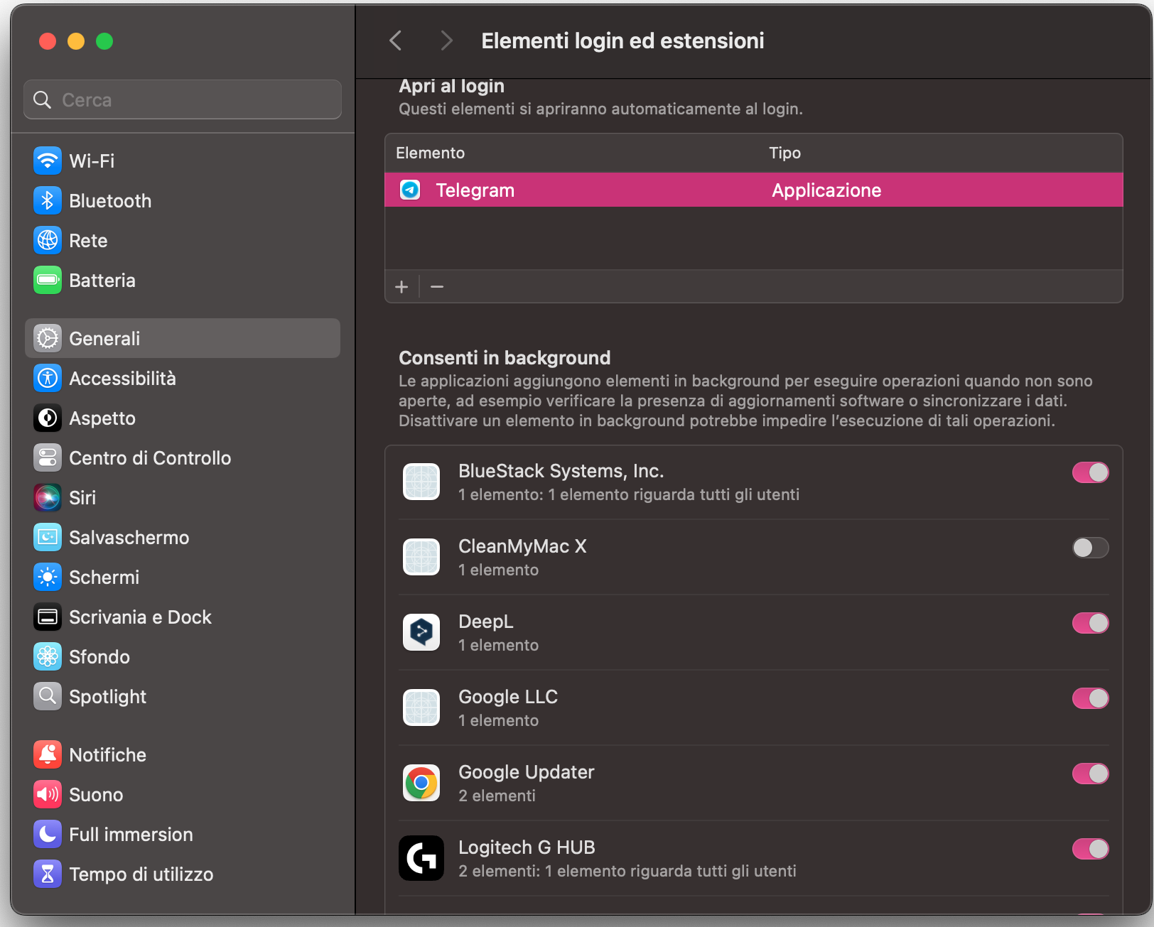 Nella sezione Elementi di login delle Impostazioni di Sistema del Mac, seleziona un elemento sotto Apri al login, quindi fai clic sul simbolo meno per rimuoverlo.