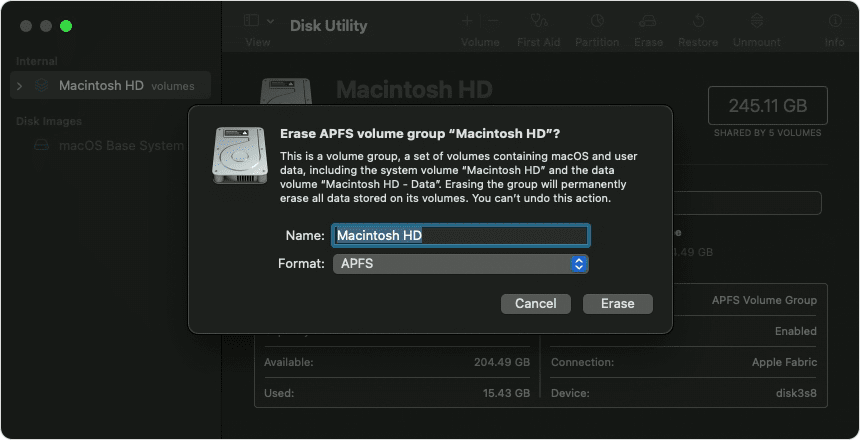 In Disk Utility, select your startup disk from the sidebar, click Erase to wipe it clean, then exit and choose Reinstall macOS to install Sequoia.