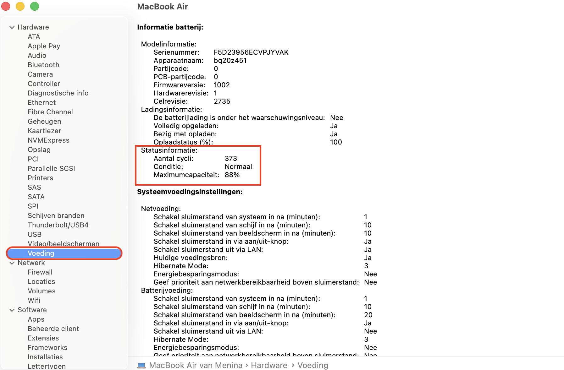 Systeemoverzicht op de Mac toont  Voeding-informatie voor een MacBook. Controleer onder Conditie-informatie om de batterijconditie te bekijken.