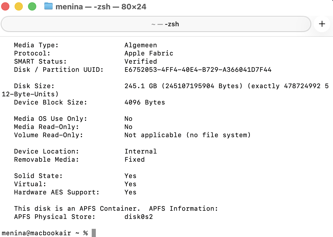 Voer nu de opdracht ‘diskutil info disk_’ in, waarbij je het onderstrepingsteken vervangt door het nummer van je externe schijf.