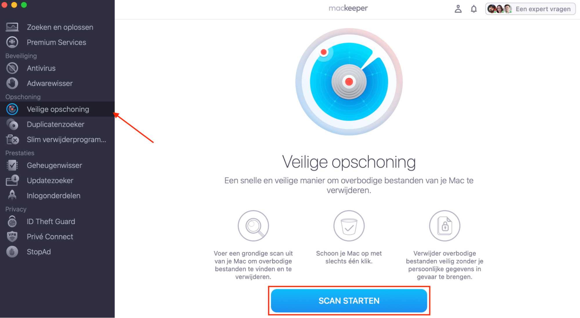MacKeeper op Mac toont de tool Veilige opschoning. Klik op ‘Start scan’ om alle browsercachebestanden op je systeem te vinden.