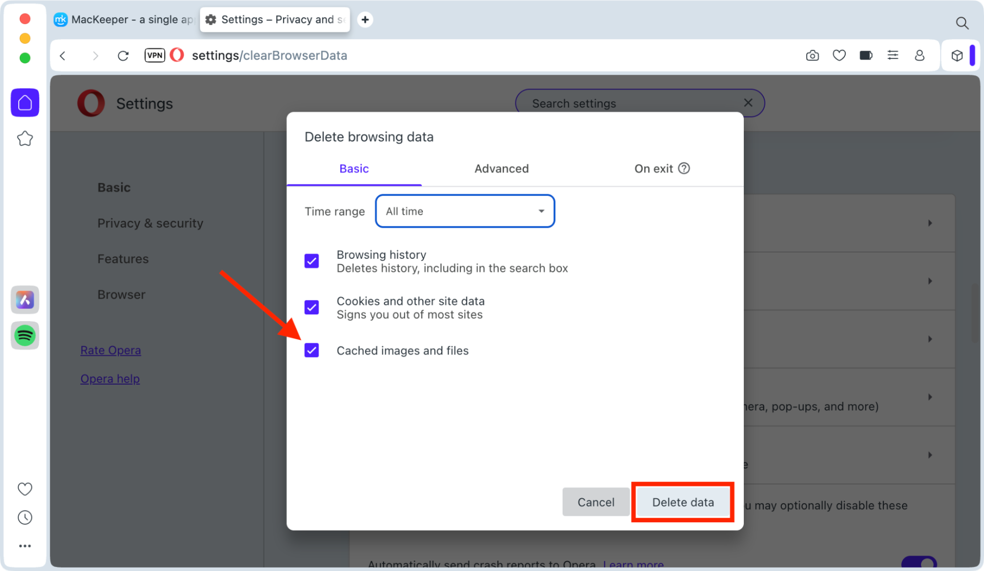 The option to Delete browsing data inside the Opera browser on Mac. Select Cached images and files and then click Delete data to clear the Google Drive cache within Opera on Mac.