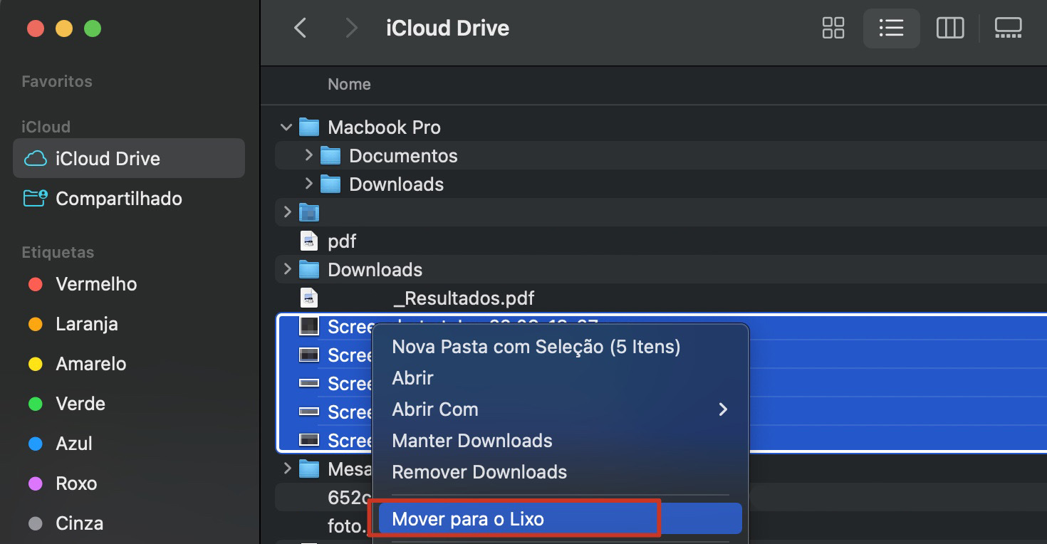 Para liberar espaço no seu iCloud Drive, escolha Mover para o Lixo para excluir arquivos. O iCloud Drive está ocupando muito espaço no seu Mac.