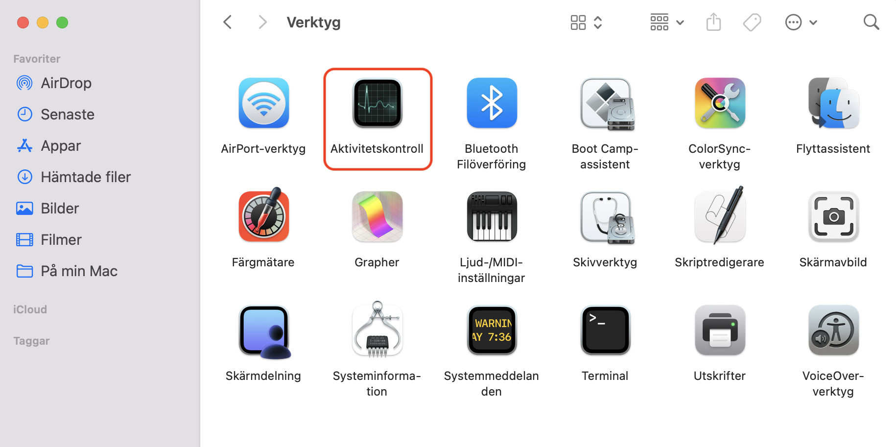 Ikonen för Aktivitetskontroll i mappen Verktyg i Finder på Mac. Använd Aktivitetskontroll för att hitta misstänkta processer om du vill veta hur du kontrollerar skadlig programvara på Mac.