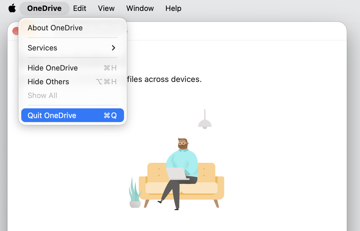 The OneDrive menu in the macOS menu bar with Quit OneDrive selected, the first step to reset OneDrive when it is damaged on your MacBook.