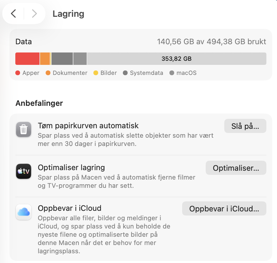På Lagring-fanen ser du etter anbefalinger. Følg de tilpassede rådene for å hjelpe deg med å frigjøre mer diskplass på Macen din, og forbedre Photoshops stabilitet.