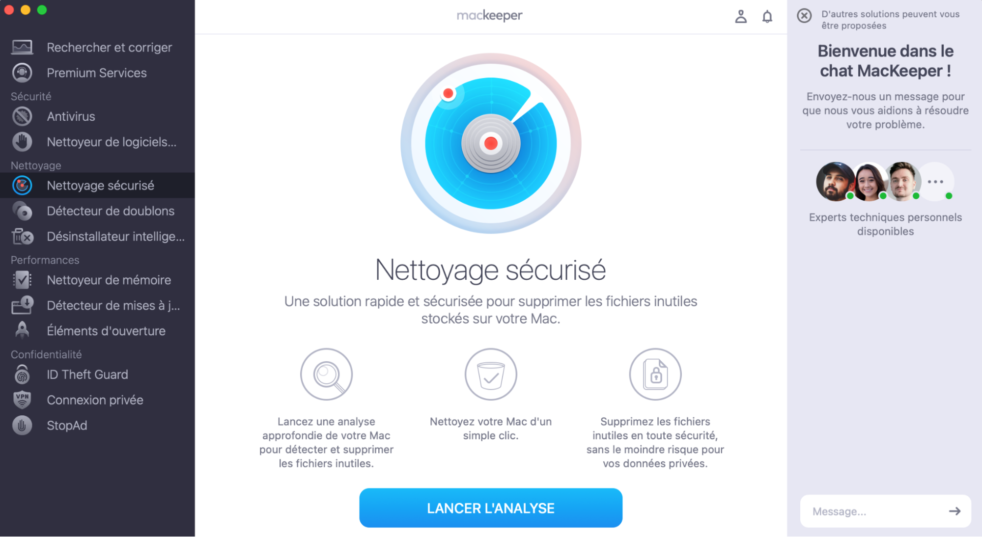 Pour améliorer la RAM de votre Mac, utilisez MacKeeper. Lancez l’application et sélectionnez l’outil Nettoyage sécurisé, puis cliquez sur Lancer l’analyse.
