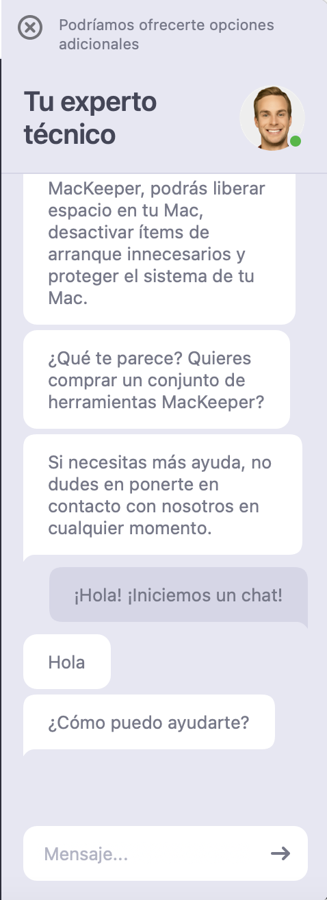 Introduce tu pregunta en el cuadro de chat en vivo para recibir instrucciones de los expertos técnicos de MacKeeper sobre cómo compartir la pantalla en tu Mac.