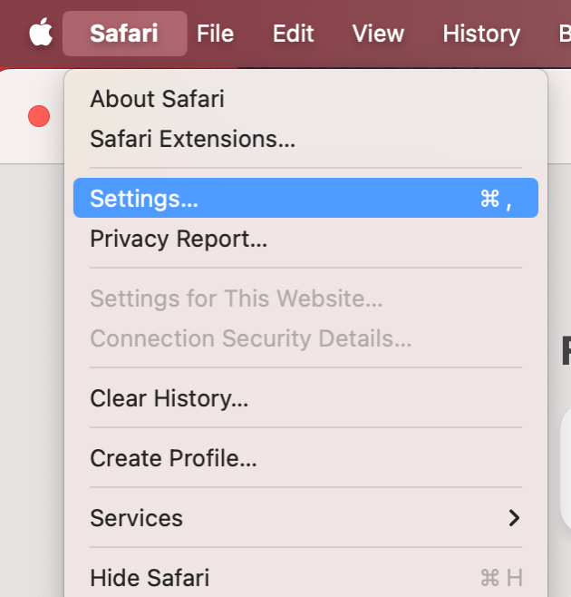 To end conflicting issues with iCloud Private Relay on your Mac, launch Safari, select Safari from the menu bar, then choose Settings.