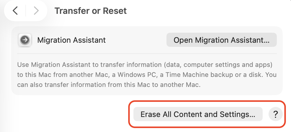 Transfer or Reset screen on an Apple computer highlighting Erase All Content and Settings, a deep reset for stubborn ReportCrash issues.