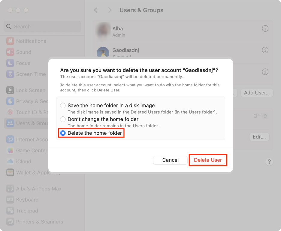 To delete an unwanted profile on macOS, select the Delete the home folder option, then click the Delete User button.