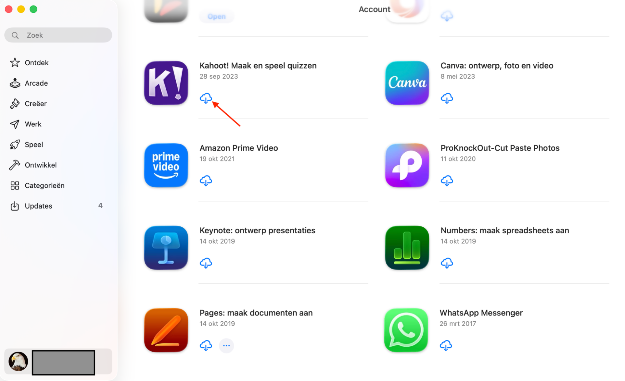 De  App Store op Mac met het scherm Account. Klik op de downloadknop naast een app om apps naar je nieuwe Mac te migreren zonder Migratie-assistent te gebruiken.