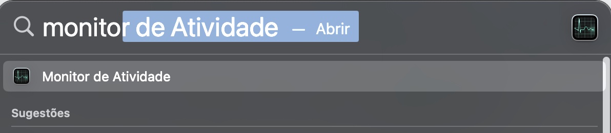 O Spotlight em um Mac, com o Monitor de Atividade exibido. Como corrigir a Touch Bar no MacBook Pro: use o Monitor de Atividade para reiniciar a Touch Bar.