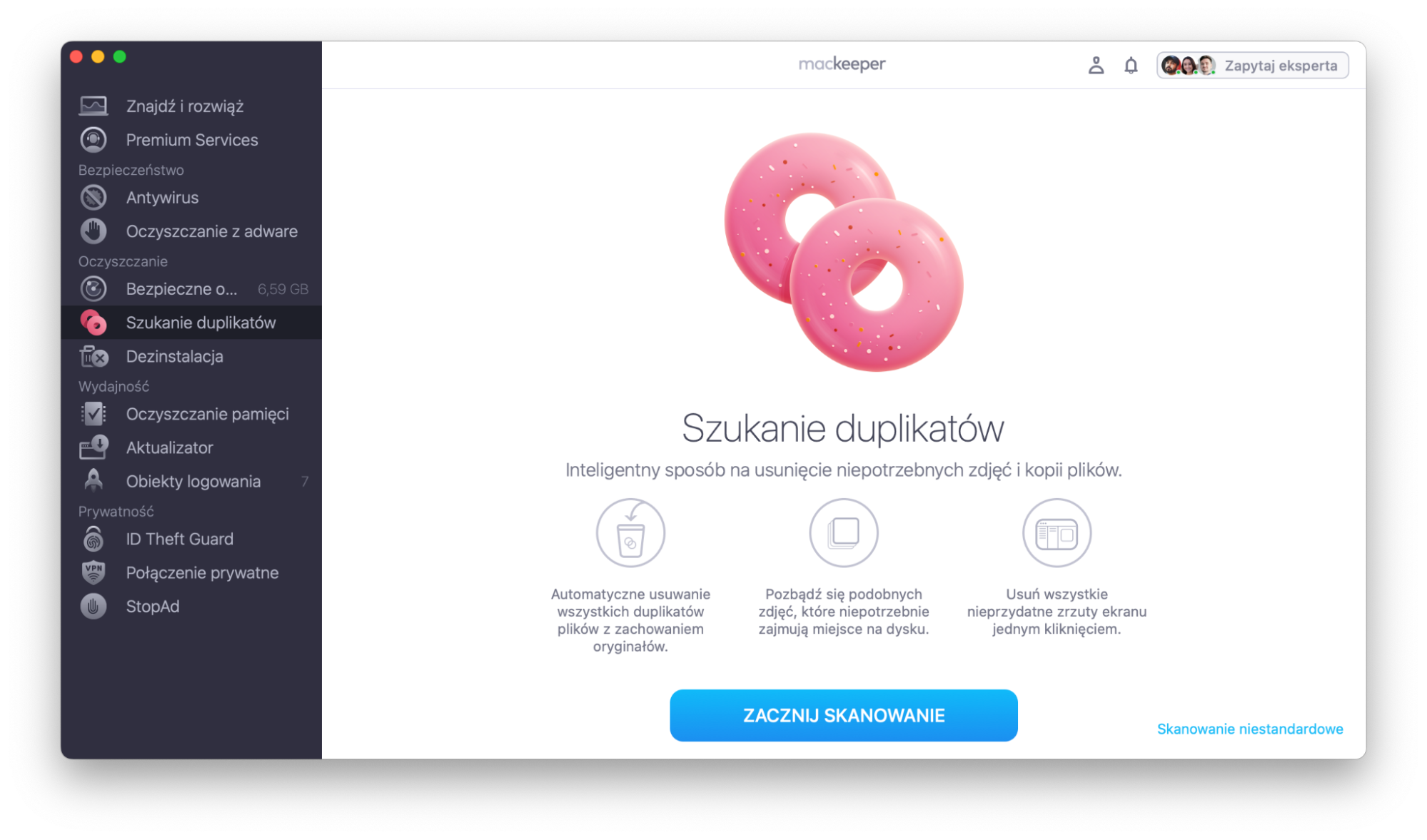 Aby znaleźć i usunąć duplikaty zdjęć na Macu, skorzystaj z Szukania duplikatów w MacKeeper. Aplikacja bezpiecznie znajdzie i usunie wszystkie duplikaty. Uruchom MacKeeper, przejdź do zakładki Szukanie duplikatów a następnie kliknij Zacznij skanowanie.