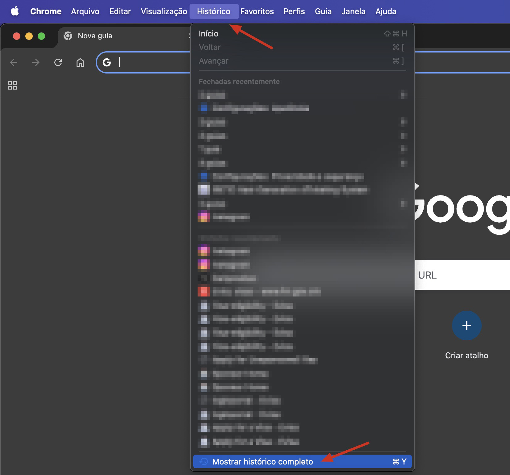 O Google Chrome no Mac exibe o menu Histórico. Clique em Mostrar Histórico Completo para limpar os arquivos de cache do Google Chrome.