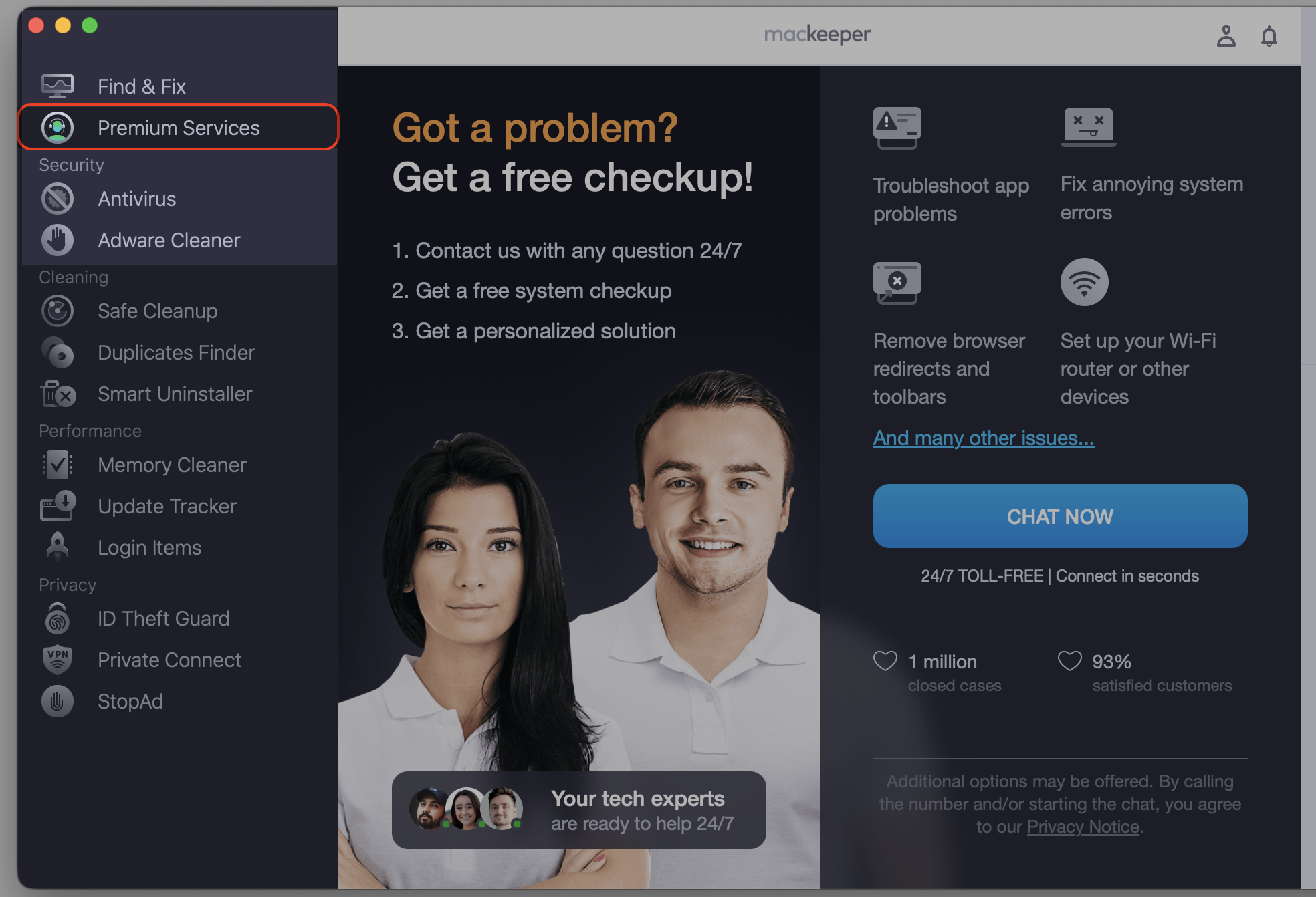 MacKeeper's Premium Services page open in Safari on macOS Sequoia 15, showing where to start a Finder settings reset on a MacBook.