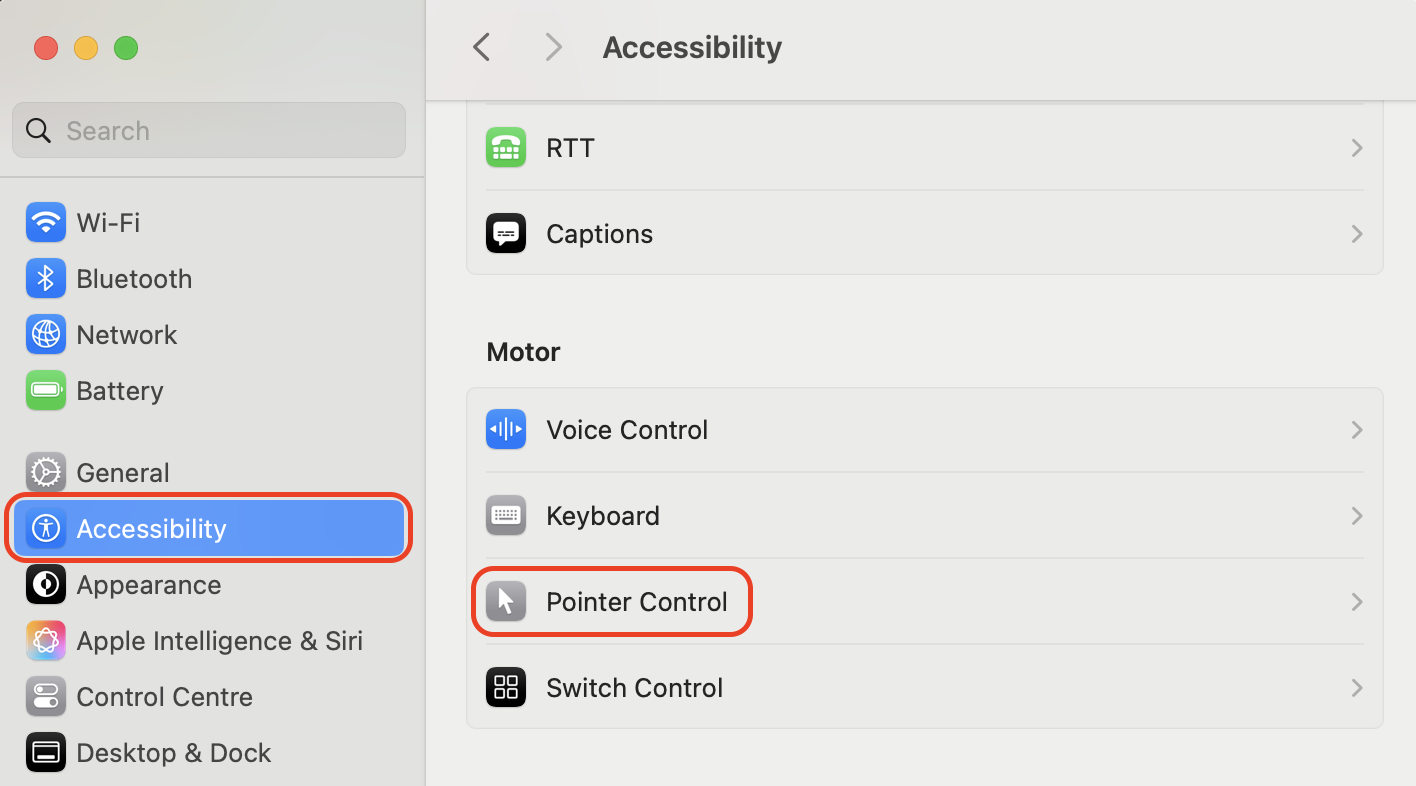 Opening System Settings on macOS and navigating to Accessibility, then Pointer Control, to access trackpad dragging and cursor behavior options.