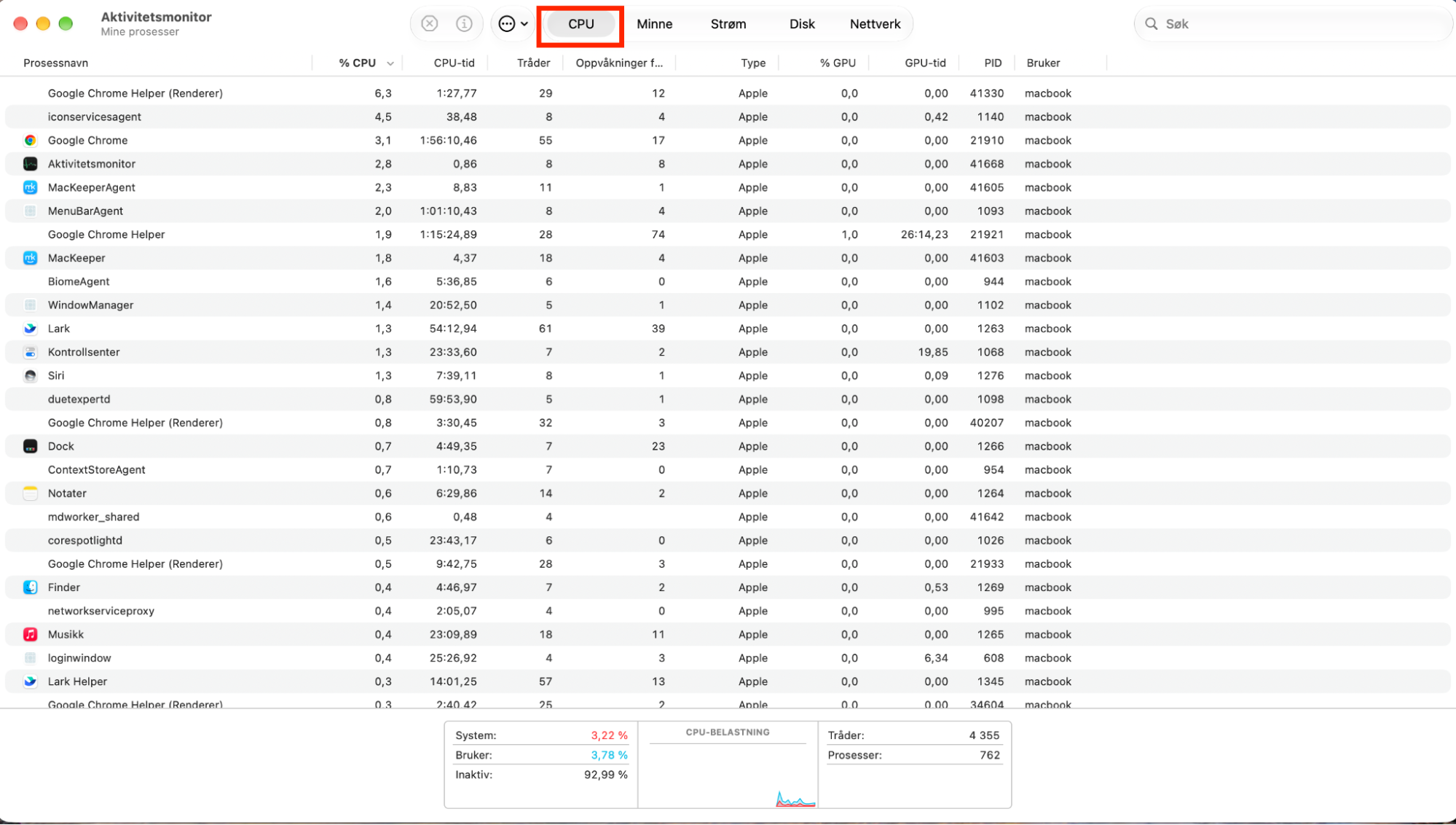 Åpne Aktivitetsmonitor i macOS, og klikk deretter på CPU for å se informasjon om Macens prosessor og hvilke apper som krever mest ressurser.